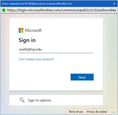 A screenshot of the Exchange Online login prompt in Thunderbird.