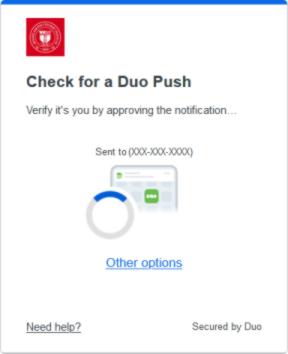 A screenshot of the Duo 2FA notification message in Thunderbird.