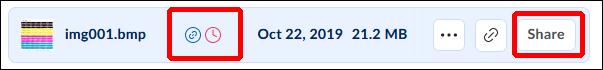 A screenshot of a file whose Shared Link has an expiration date, highlighting the expiration-date icon and the “Share” button.