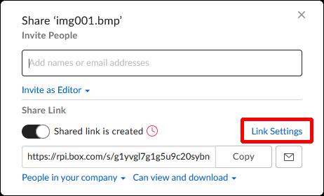 A screenshot of the share-this-file dialog box, with the “Link Settings” link highlighted.