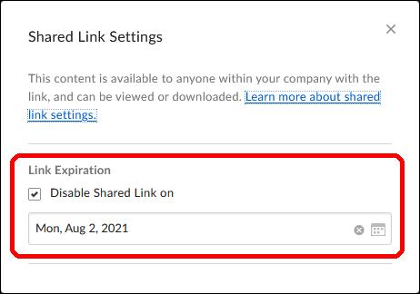A screenshot of the “Shared Link Settings” dialog box, with the “Link Expiration” settings highlighted.