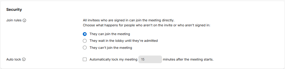 Image shows the security settings for a meeting being scheduled in Webex.