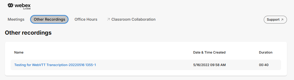 Image shows the student view of the Other Recordings tab.