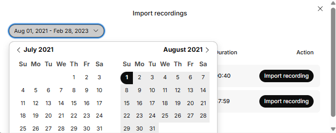 Image shows a calendar with a range of dates selected from August 2021 to February 2023.