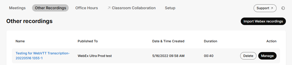 Image shows the instructor view of the Other Recordings tab.