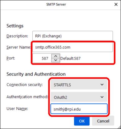 A screenshot of the SMTP  server settings in Thunderbird's Account Settings window.
