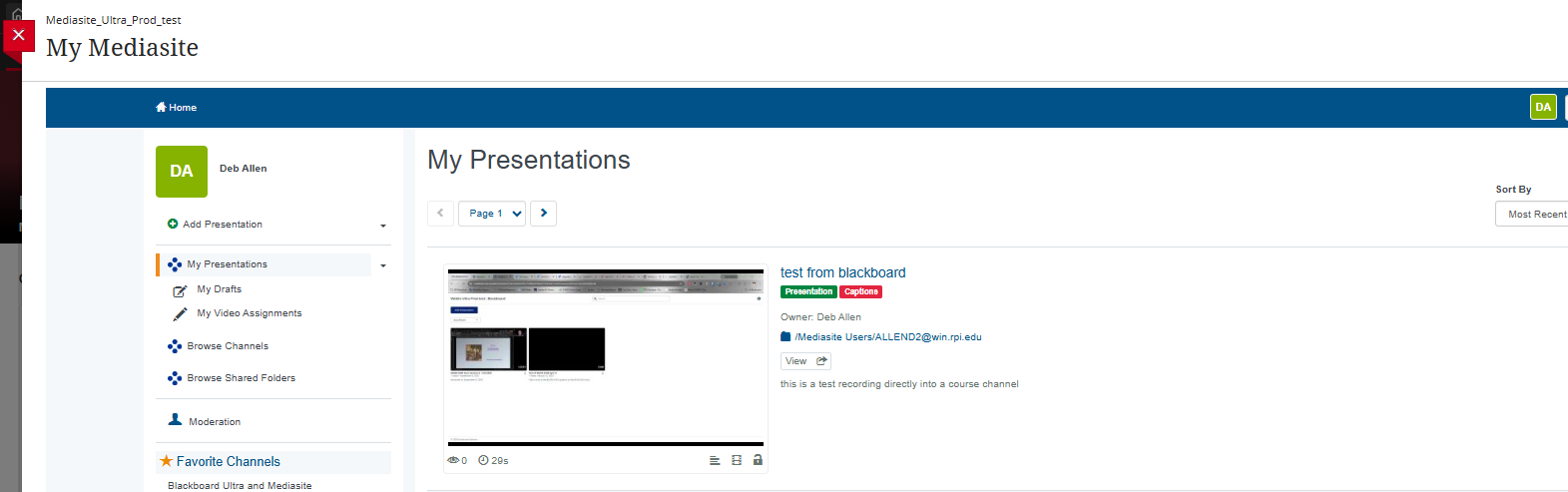 Image shows the MyMediasite screen as a popup screen within the LMS.