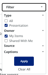 Image shows the filter drop down which currently has Presentation and My Items selected.