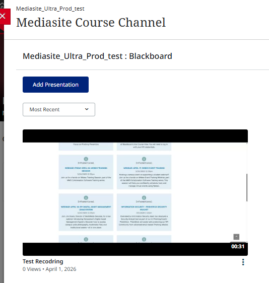 Image shows the Mediasite Course Channel with the new presentation added.