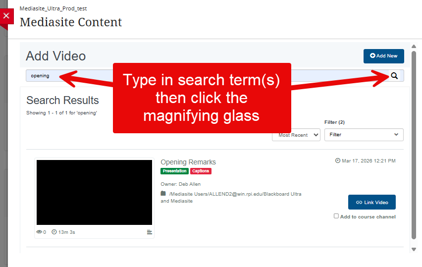 Image shows the search bar, with instructions to enter search terms and then click the magnifying glass.
