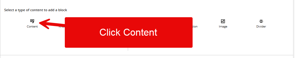 Image shows a new document in the LMS, with an arrow pointing to the leftmost Content icon with instructions to click it.