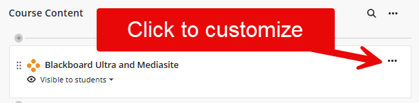 Image shows the Course Content page in LMS, with an arrow pointing to the three dots to the right of the added course channel with instructions to click to customize.