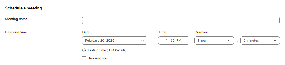 Image shows the options for scheduling a meeting in Webex, including the text box for meeting name, the date, time, duration, and option to select for recurrence.